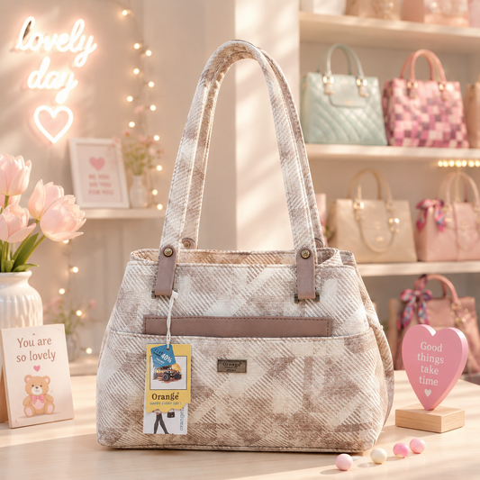 Orange Beige Plaid Handbag front view