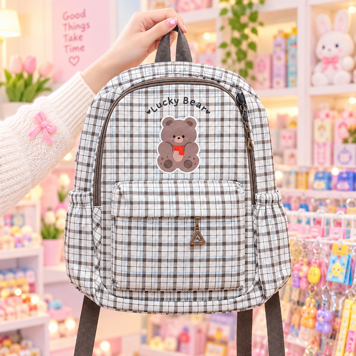 Lucky Bear plaid backpack lifestyle view