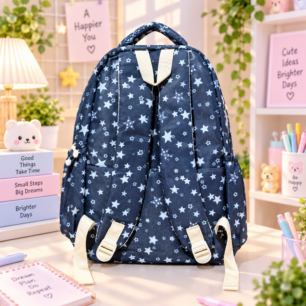 Kawaii navy star backpack back view