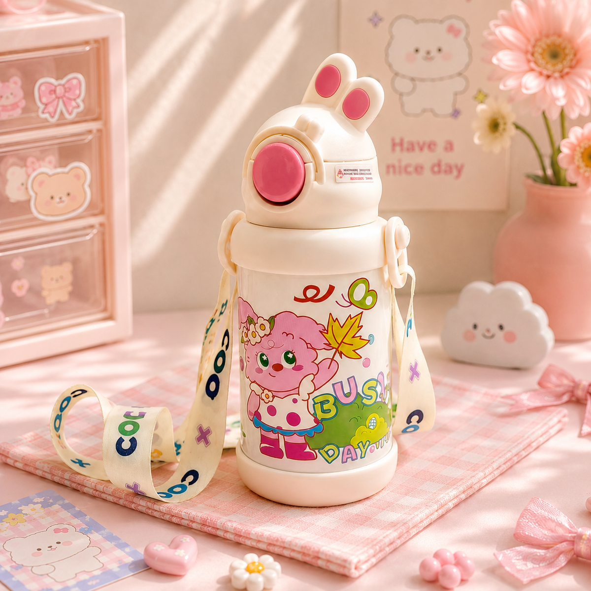 Bunny Ears Kawaii Water Bottle - Lid Close Up