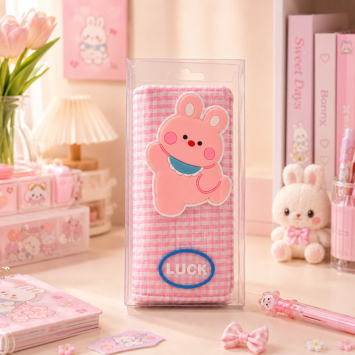Kawaii Bunny Gingham Pencil Pouch - front view in box