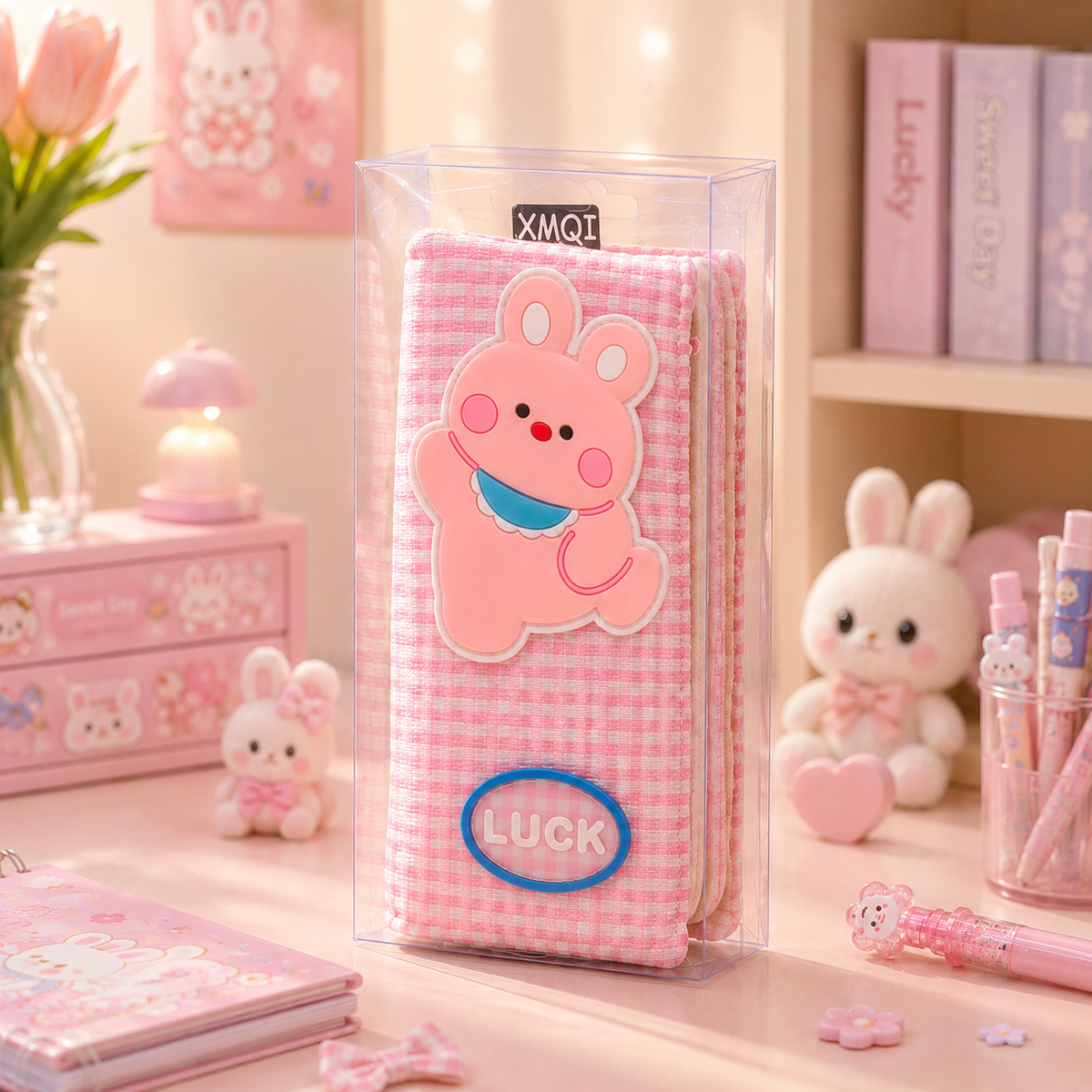 Kawaii Bunny Gingham Pencil Pouch - angle view