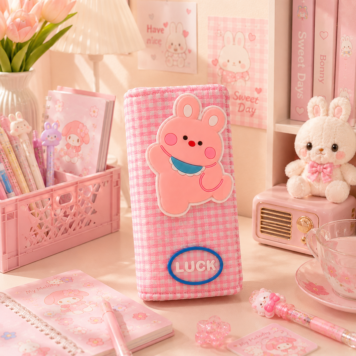 Kawaii Bunny Gingham Pencil Pouch - desk display