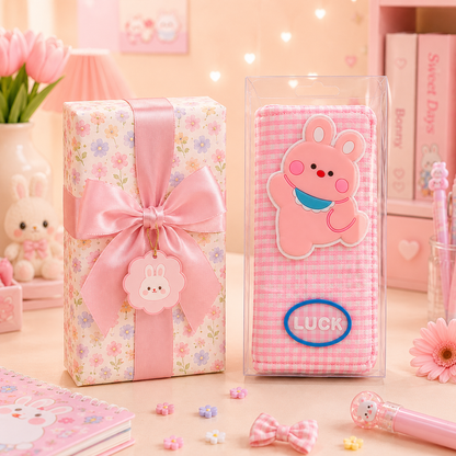 Kawaii Bunny Gingham Pencil Pouch with gift box packaging
