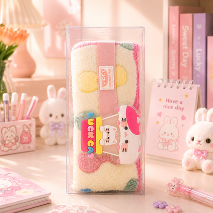 Kawaii Fluffy Patchwork Pencil Pouch - angle view