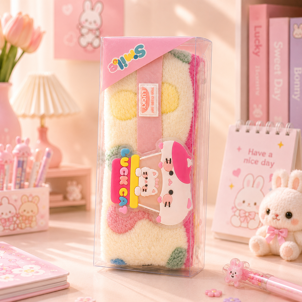 Kawaii Fluffy Patchwork Pencil Pouch - front centered