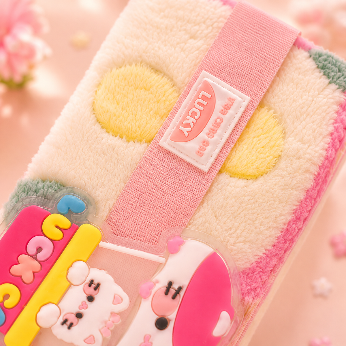 Kawaii Fluffy Patchwork Pencil Pouch - charm close-up