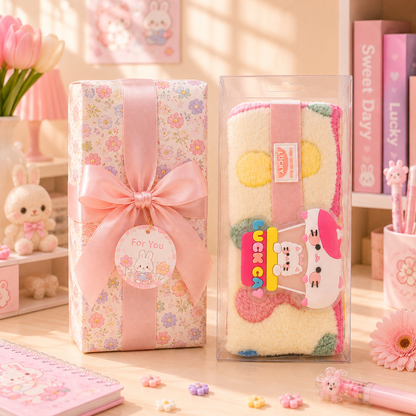 Kawaii Fluffy Patchwork Pencil Pouch with gift box packaging