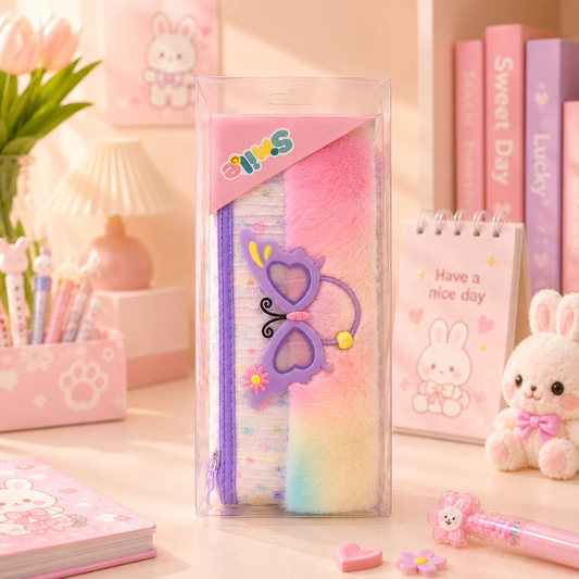 Kawaii Butterfly Rainbow Fur Pencil Pouch - retail packaging angle