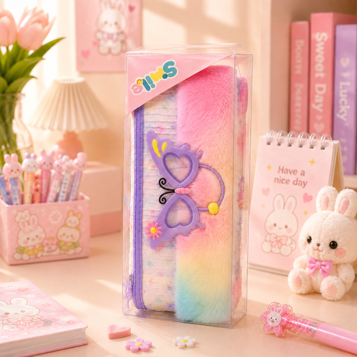 Kawaii Butterfly Rainbow Fur Pencil Pouch - front centered