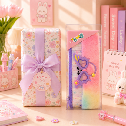 Kawaii Butterfly Rainbow Fur Pencil Pouch with gift box packaging