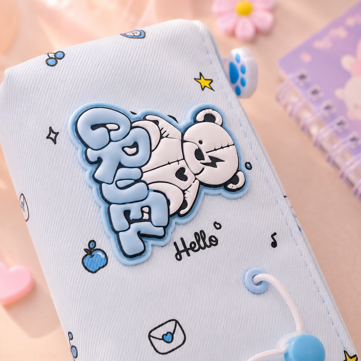 Kawaii Bear Doodle Pencil Pouch - charm close-up
