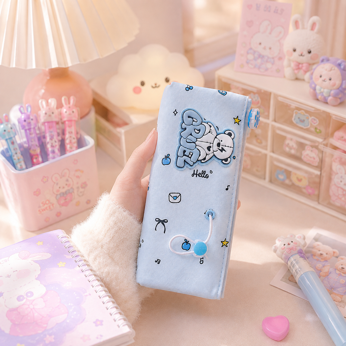 Kawaii Bear Doodle Pencil Pouch - held in hand