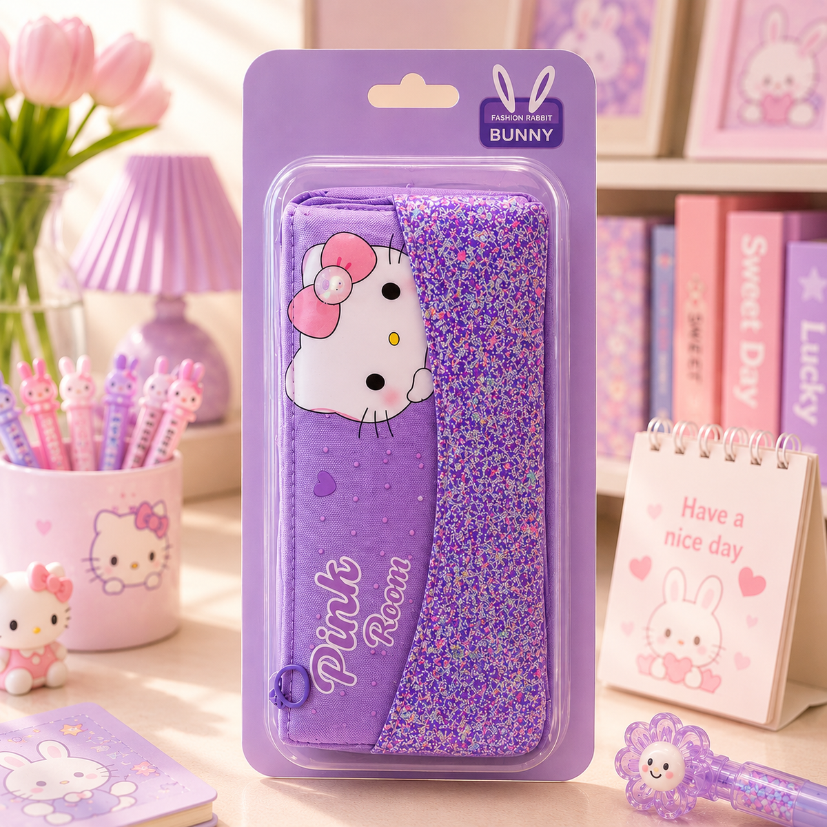 Glitter Kitty Purple pencil pouch