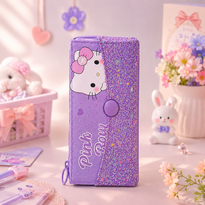Kawaii Glitter Kitty Pencil Pouch - front centered