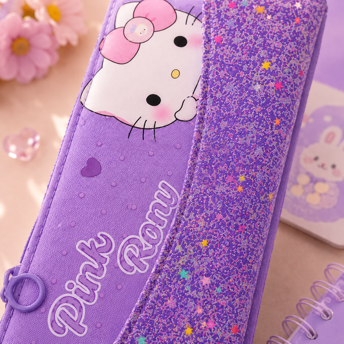 Kawaii Glitter Kitty Pencil Pouch - close-up design