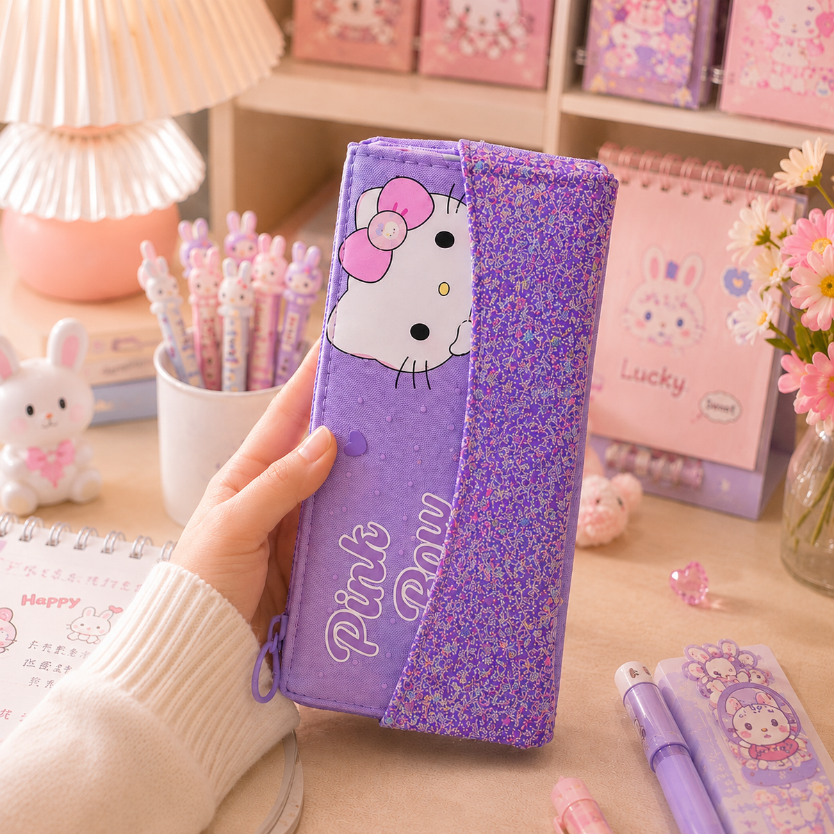 Kawaii Glitter Kitty Pencil Pouch - held in hand