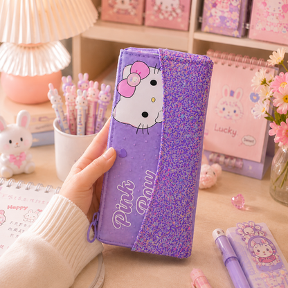 Kawaii Glitter Kitty Pencil Pouch - held in hand