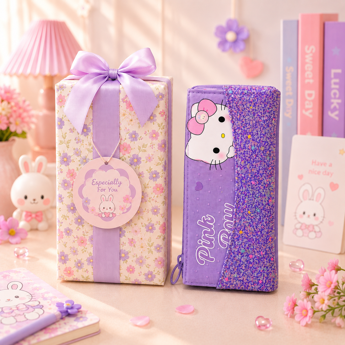 Kawaii Glitter Kitty Pencil Pouch with gift box packaging