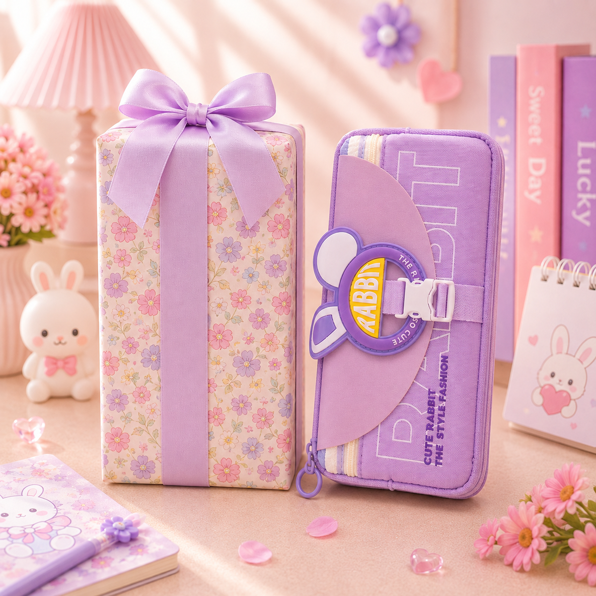 Kawaii Rabbit Buckle Pencil Pouch with gift box packaging