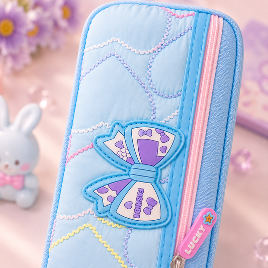 Kawaii Fashion Bow Quilted Pencil Pouch - close-up bow