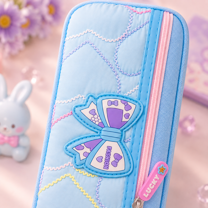 Kawaii Fashion Bow Quilted Pencil Pouch - close-up bow