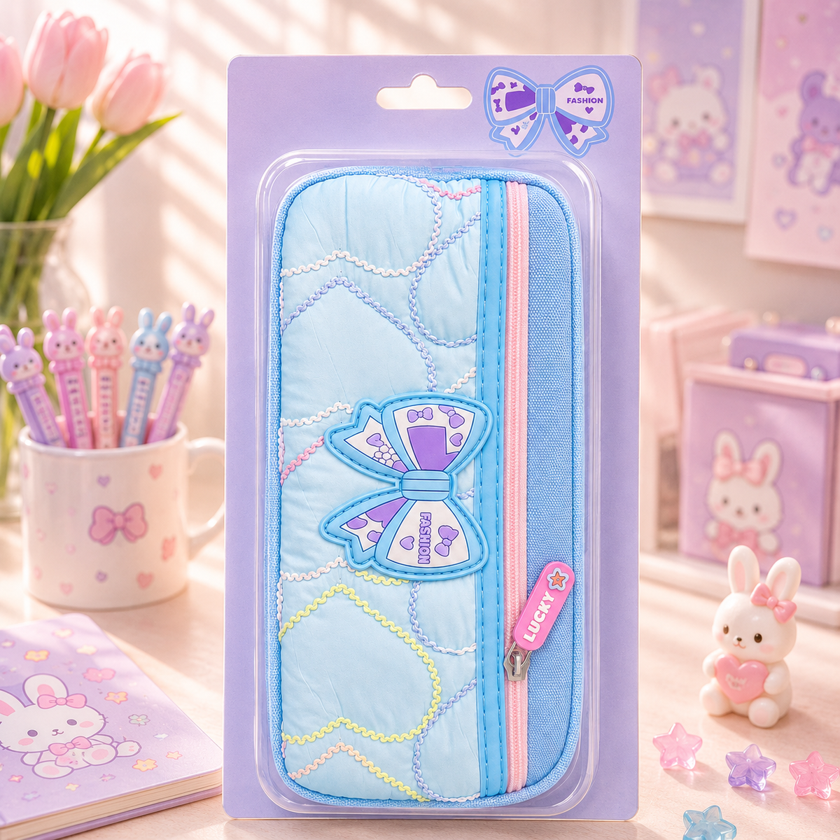 Kawaii Fashion Bow Quilted Pencil Pouch - retail packaging