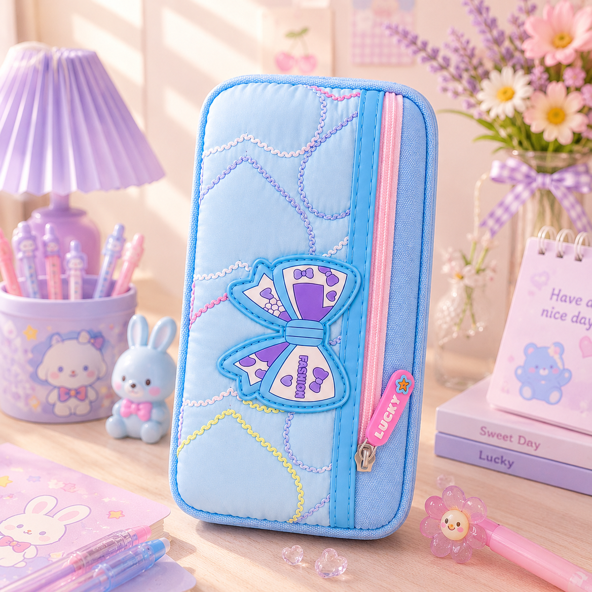 Kawaii Fashion Bow Quilted Pencil Pouch - front angled view