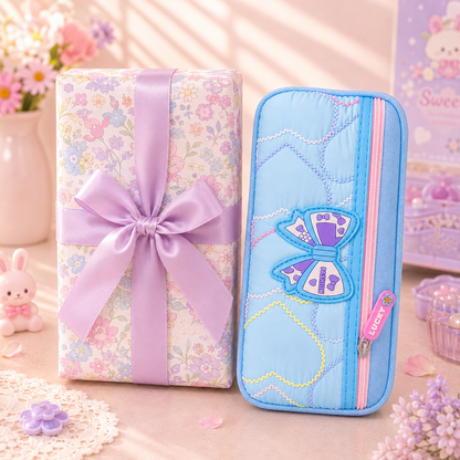 Kawaii Fashion Bow Quilted Pencil Pouch with gift box packaging