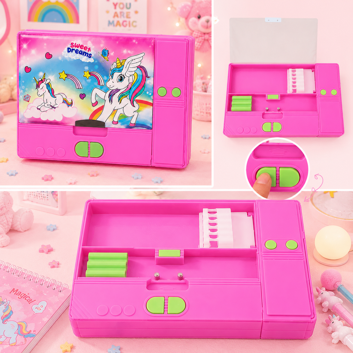 Kawaii Unicorn Pencil Box - interior compartments open