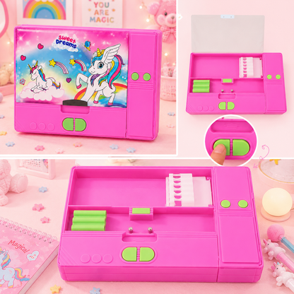 Kawaii Unicorn Pencil Box - interior compartments open