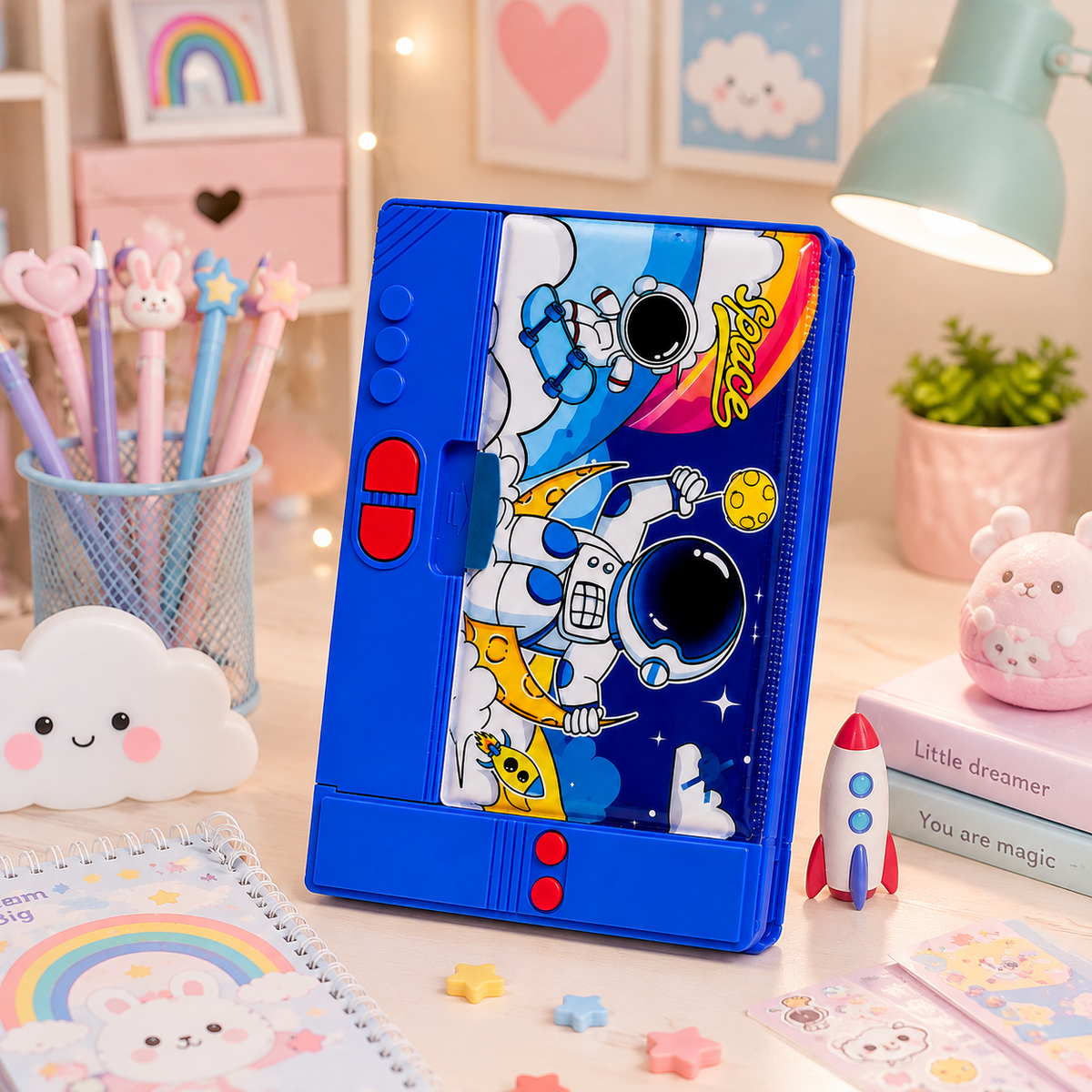 Space Astronaut Pop-Up Pencil Box - desk scene
