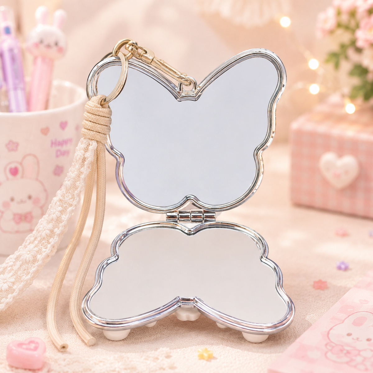 Kawaii Butterfly Decoden Mirror Keychain open mirror view