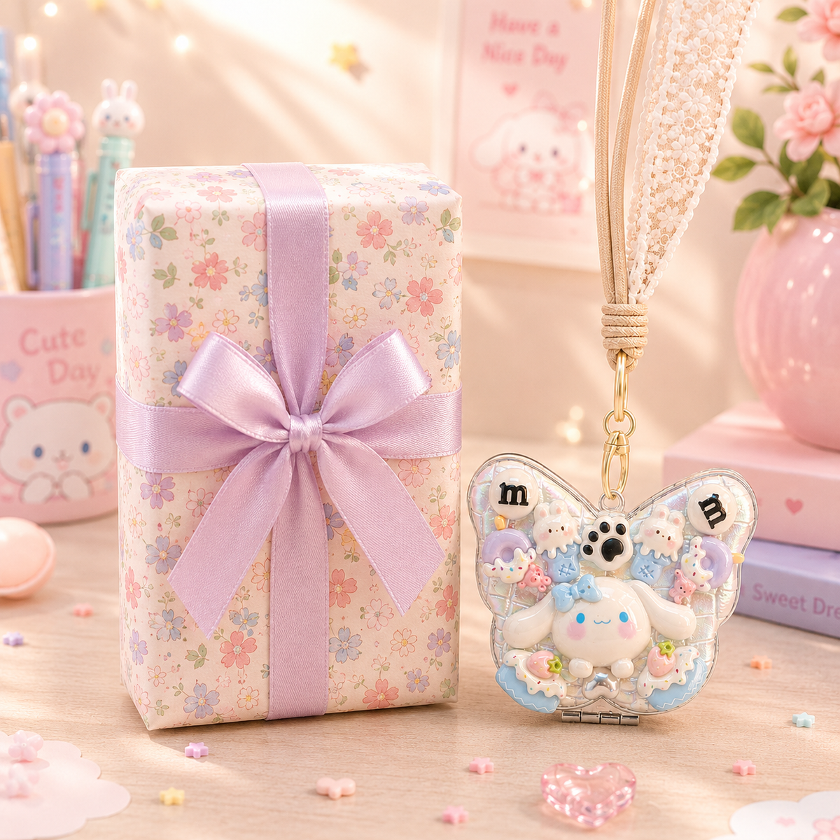 Kawaii Butterfly Decoden Mirror Keychain gift packaging
