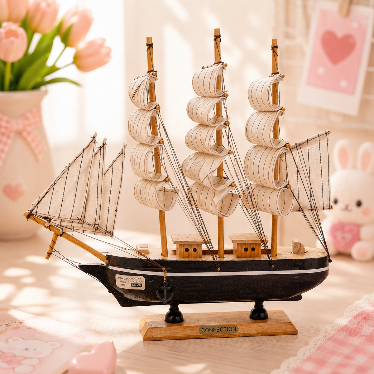 Wooden Sailing Ship Model - full side view with sails
