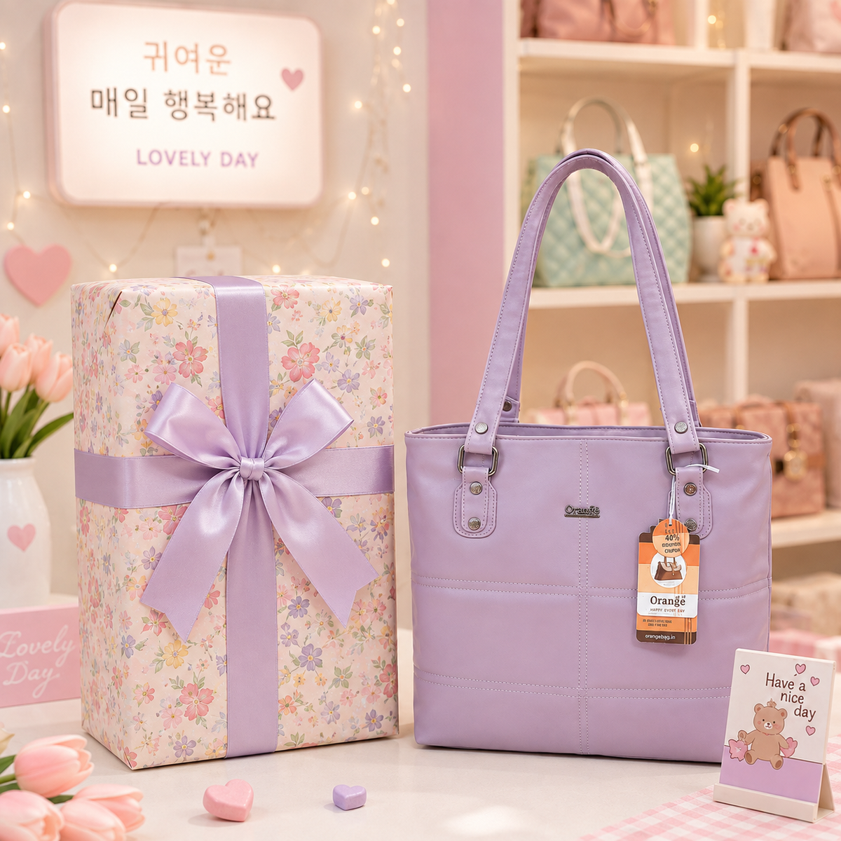 Orange Lilac Tote Handbag gift packaging