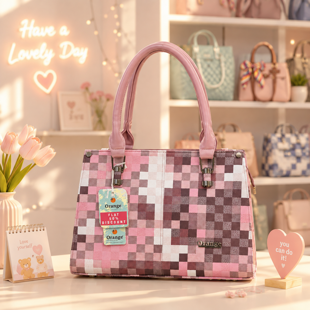Orange Pink Checkered Handbag front view