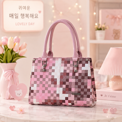 Orange Pink Checkered Handbag angled view