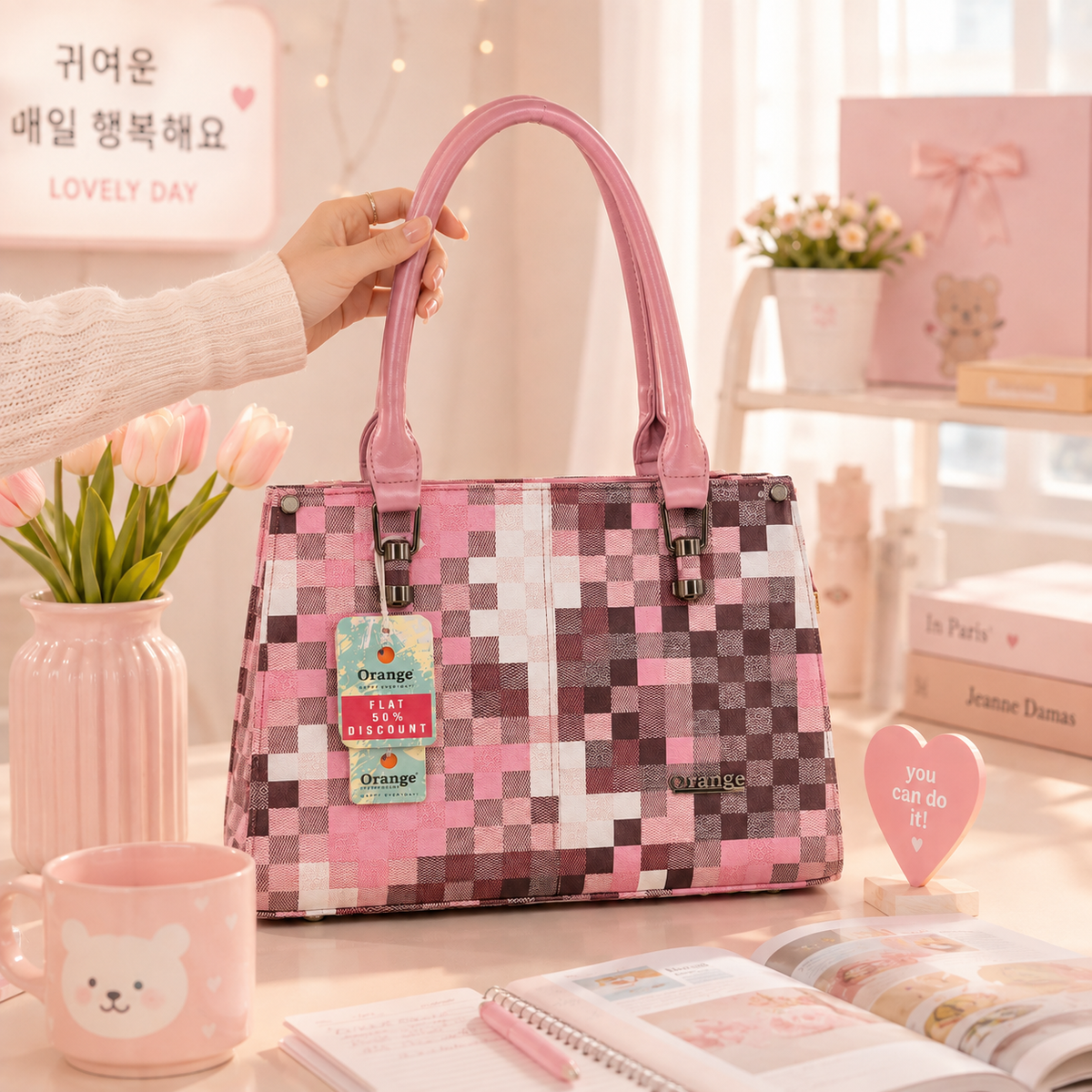 Orange Pink Checkered Handbag styled shot