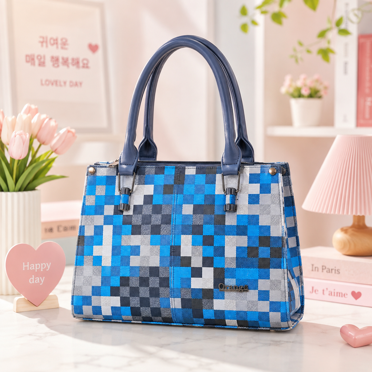 Orange Blue Checkered Handbag front view