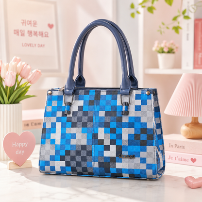 Orange Blue Checkered Handbag front view