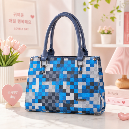Orange Blue Checkered Handbag front view