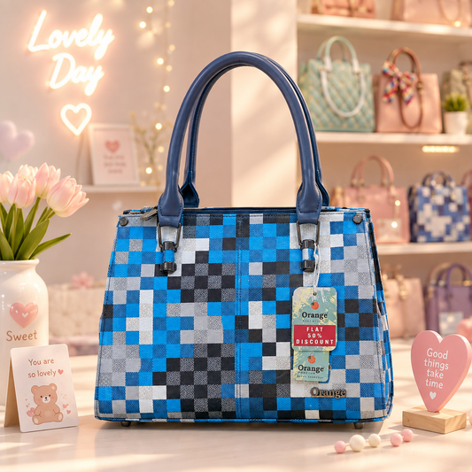 Orange Blue Checkered Handbag angled view