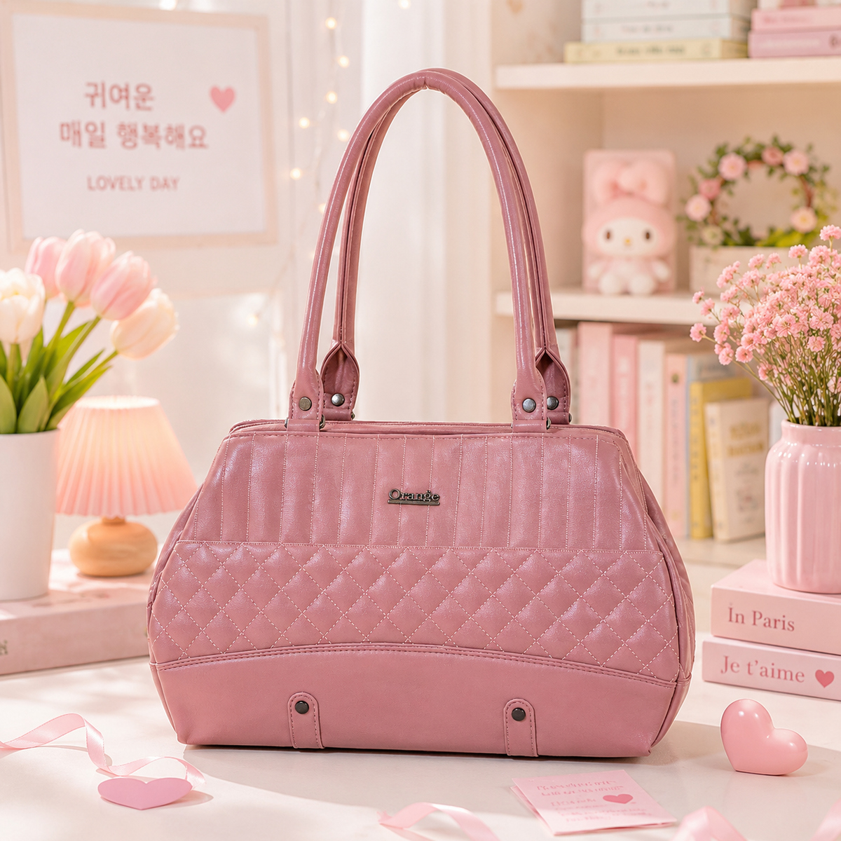 Orange Rose Pink Quilted Handbag front view