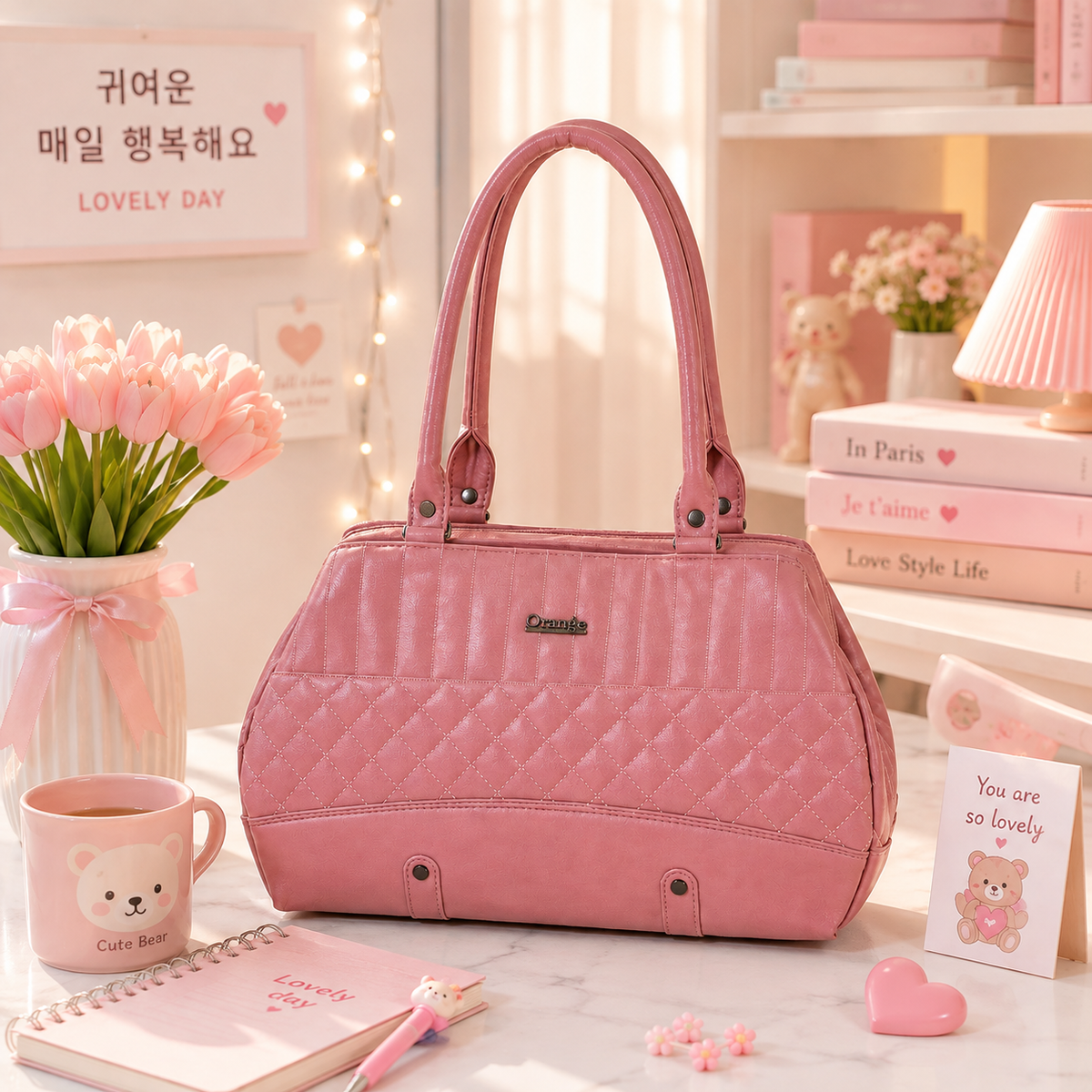 Orange Rose Pink Quilted Handbag desk display