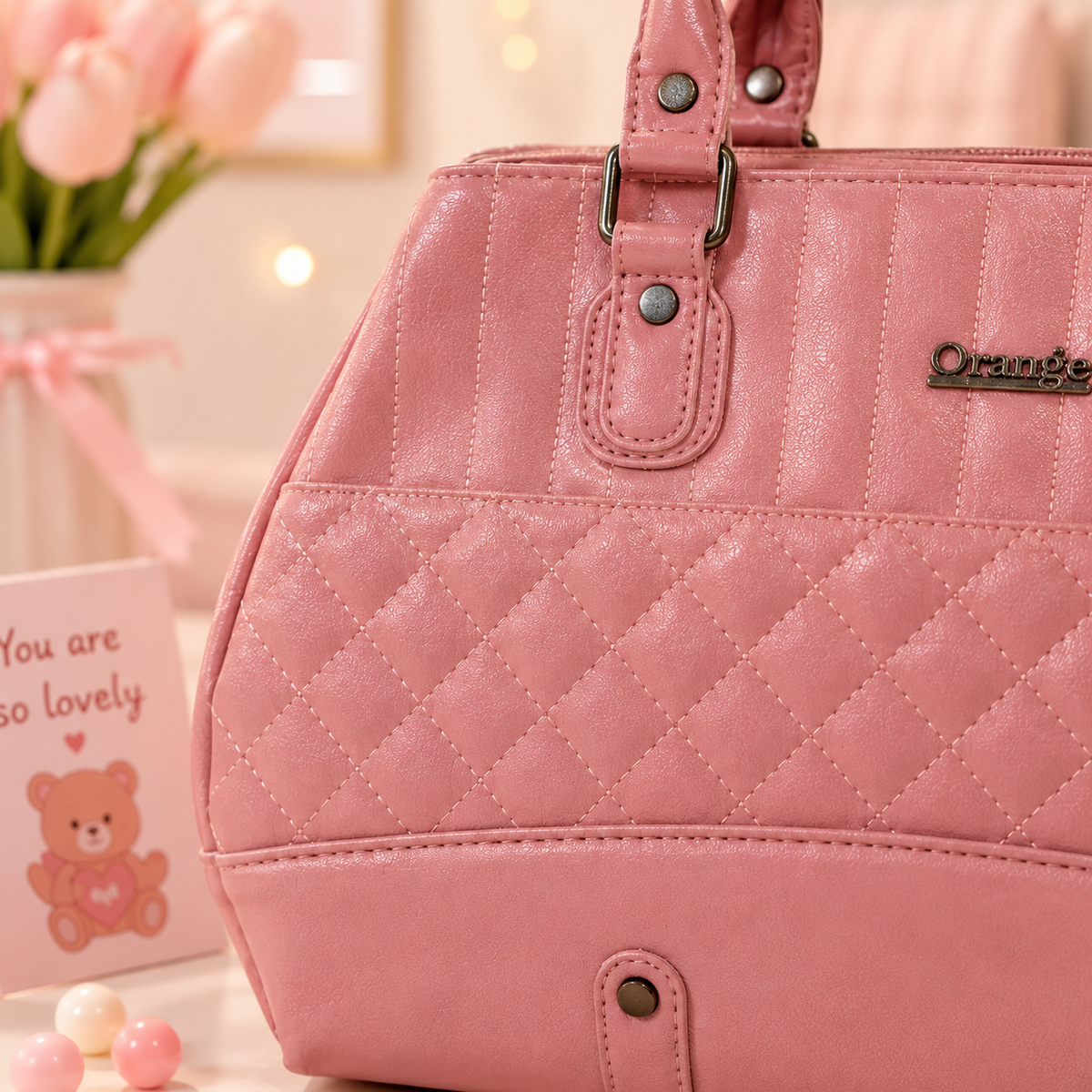Orange Rose Pink Quilted Handbag close-up
