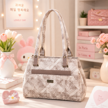 Orange Beige Plaid Handbag angled view