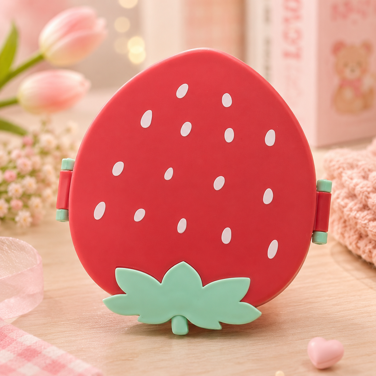 Kawaii Strawberry Bento Lunch Box - close-up angle