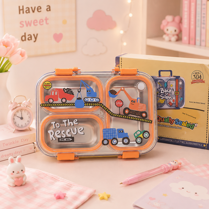 Construction Trucks Steel Bento Lunch Box - desk scene
