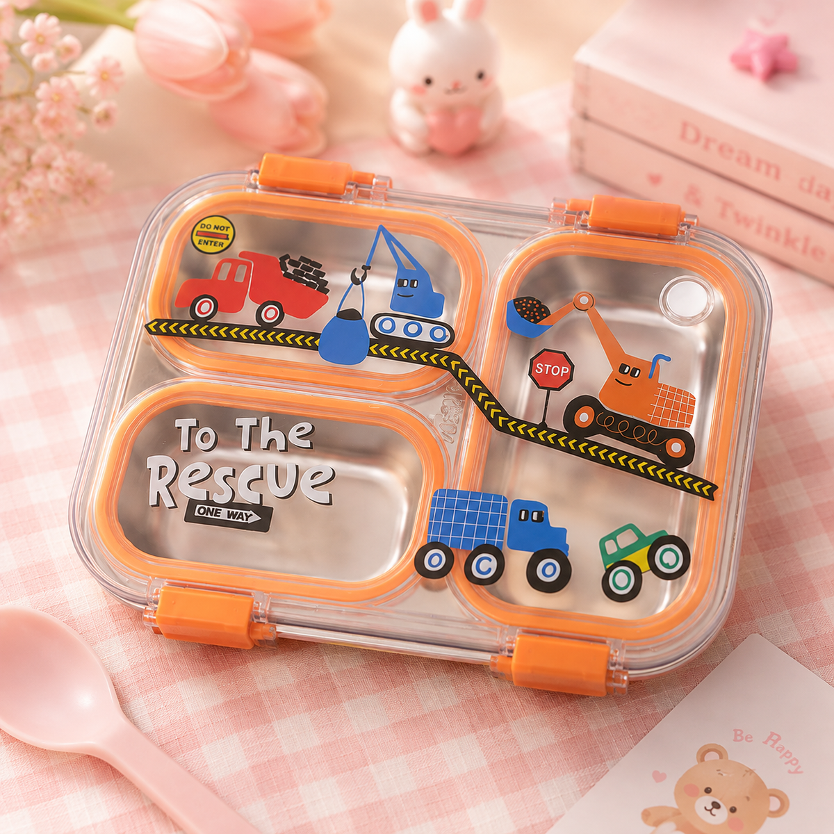 Construction Trucks Steel Bento Lunch Box - front view